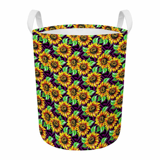 Purple Trippy Sunflower Pattern Print Round Laundry Basket