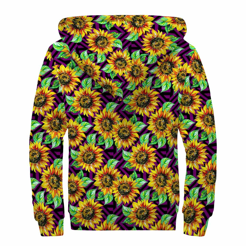 Purple Trippy Sunflower Pattern Print Sherpa Lined Zip Up Hoodie