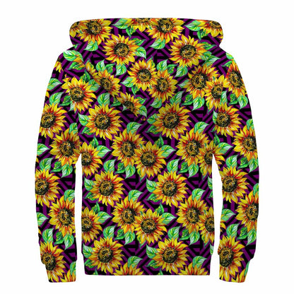 Purple Trippy Sunflower Pattern Print Sherpa Lined Zip Up Hoodie