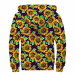 Purple Trippy Sunflower Pattern Print Sherpa Lined Zip Up Hoodie