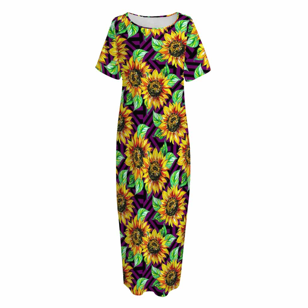 Purple Trippy Sunflower Pattern Print Short Sleeve Long Nightdress