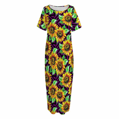 Purple Trippy Sunflower Pattern Print Short Sleeve Long Nightdress