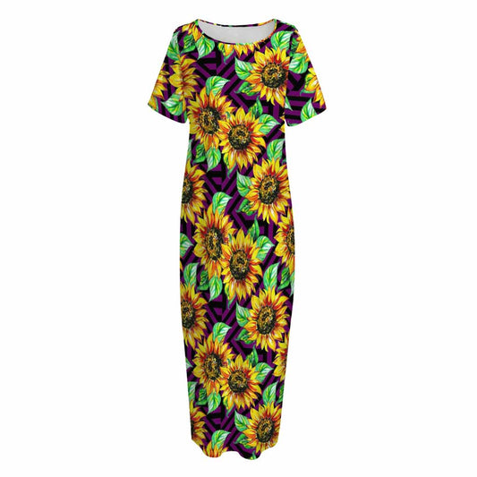 Purple Trippy Sunflower Pattern Print Short Sleeve Long Nightdress