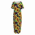 Purple Trippy Sunflower Pattern Print Short Sleeve Long Nightdress