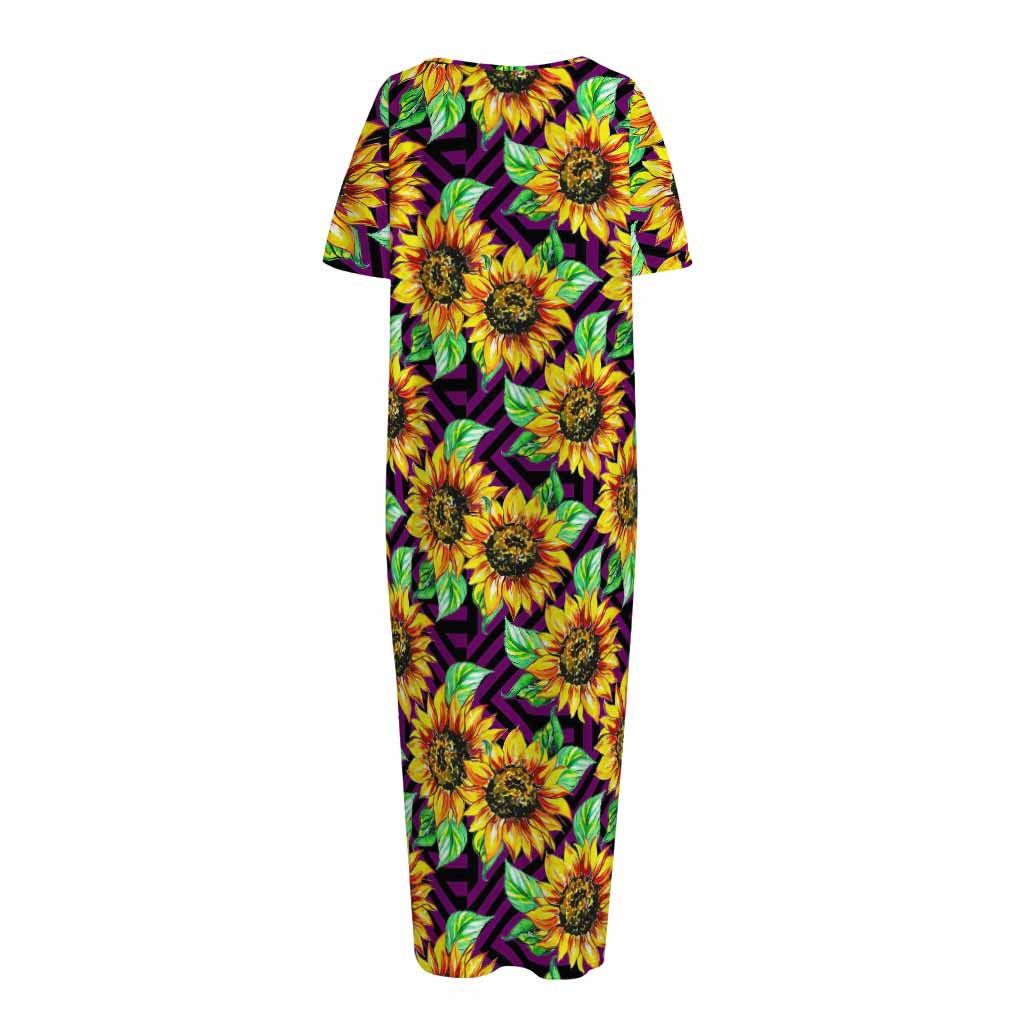 Purple Trippy Sunflower Pattern Print Short Sleeve Long Nightdress