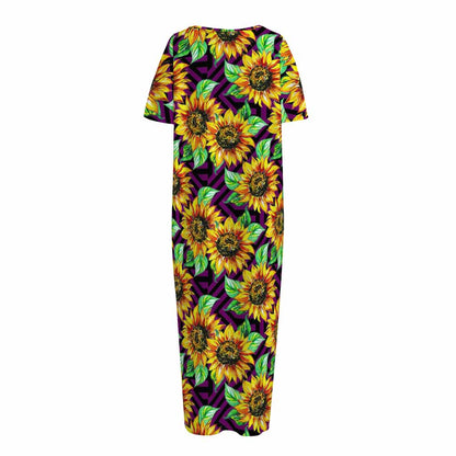 Purple Trippy Sunflower Pattern Print Short Sleeve Long Nightdress