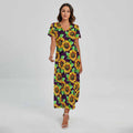 Purple Trippy Sunflower Pattern Print Short Sleeve Maxi Dress