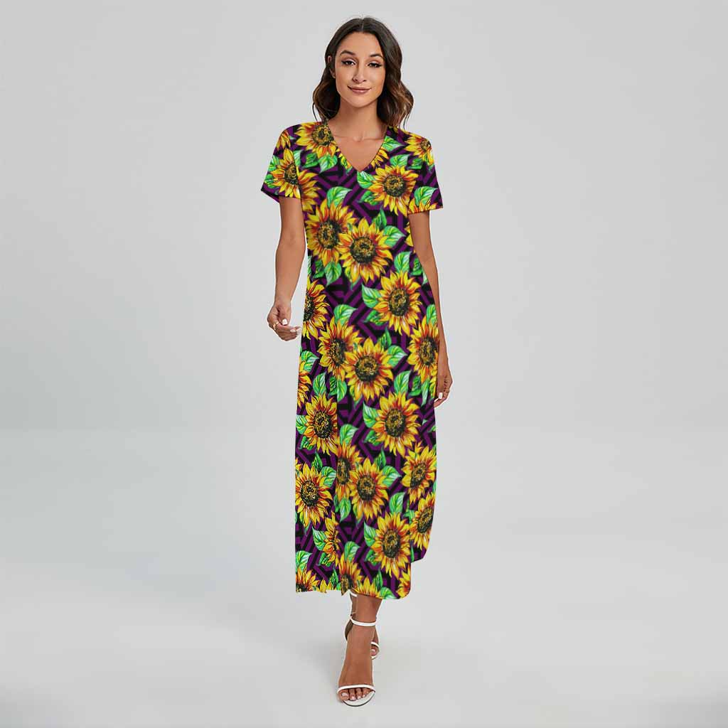 Purple Trippy Sunflower Pattern Print Short Sleeve Maxi Dress