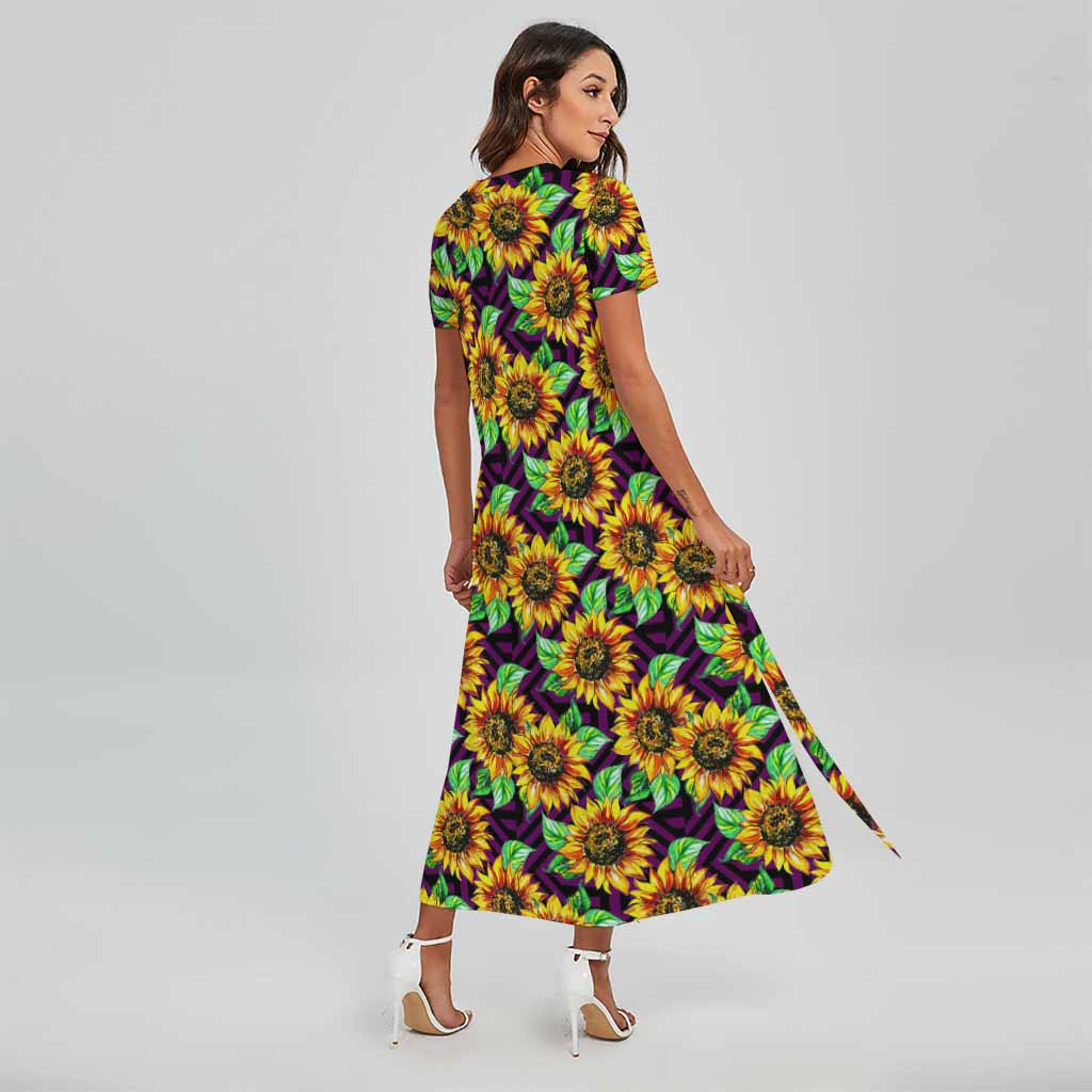 Purple Trippy Sunflower Pattern Print Short Sleeve Maxi Dress