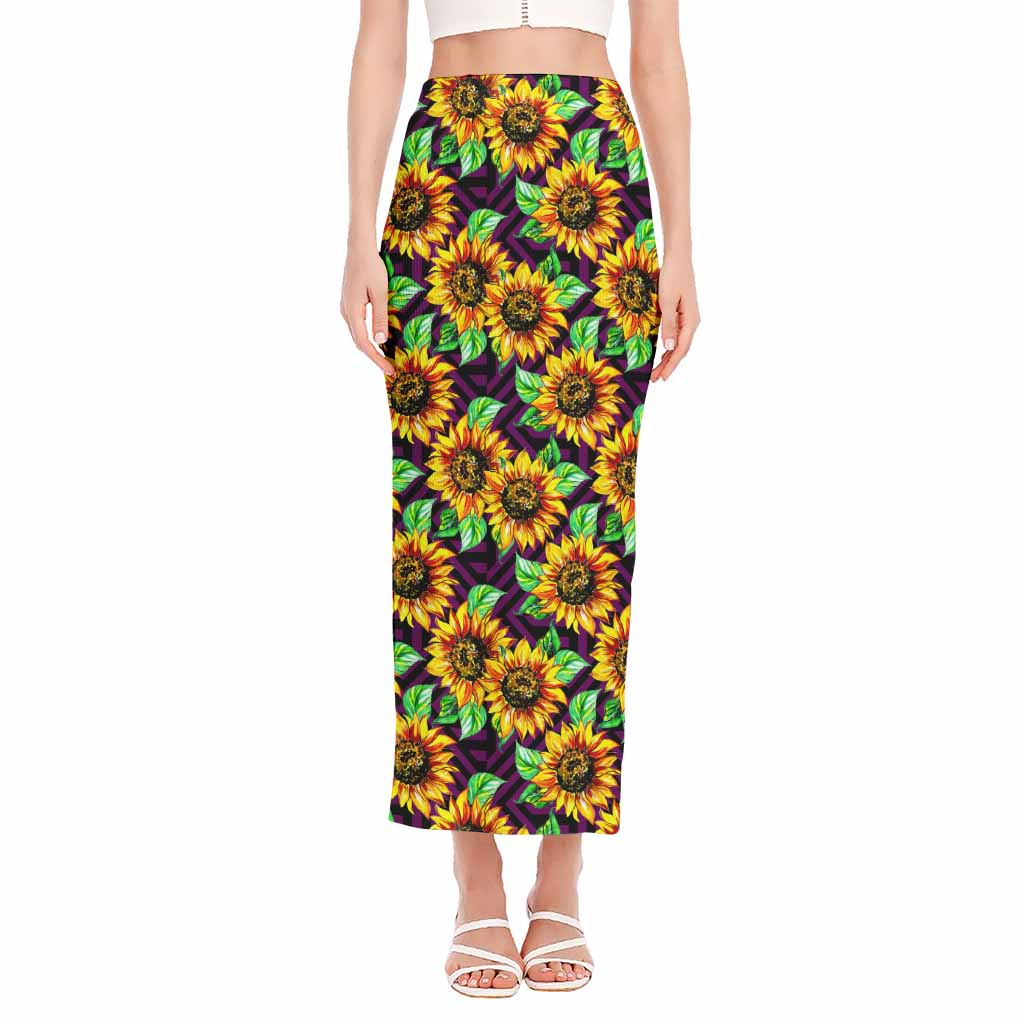 Purple Trippy Sunflower Pattern Print Side Slit Maxi Skirt