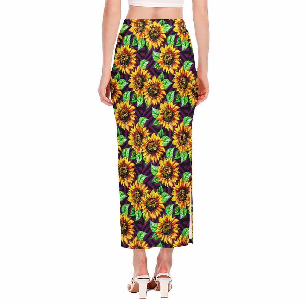 Purple Trippy Sunflower Pattern Print Side Slit Maxi Skirt