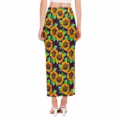 Purple Trippy Sunflower Pattern Print Side Slit Maxi Skirt