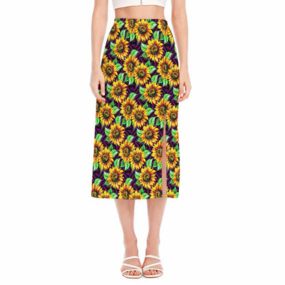 Purple Trippy Sunflower Pattern Print Side Slit Midi Skirt