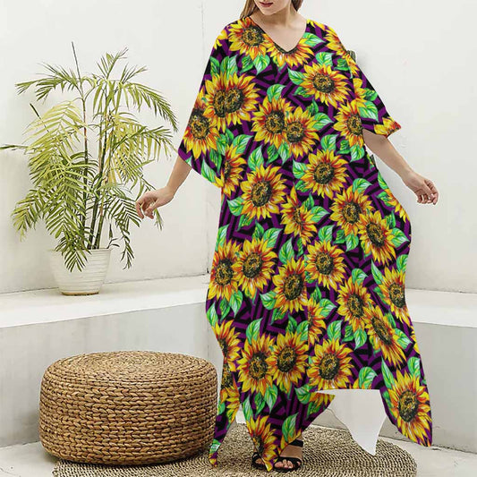 Purple Trippy Sunflower Pattern Print Silk V-Neck Kaftan Dress