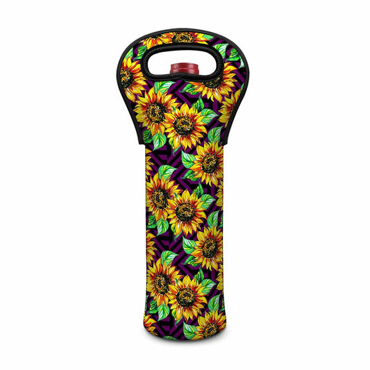 Purple Trippy Sunflower Pattern Print Single Neoprene Wine Tote