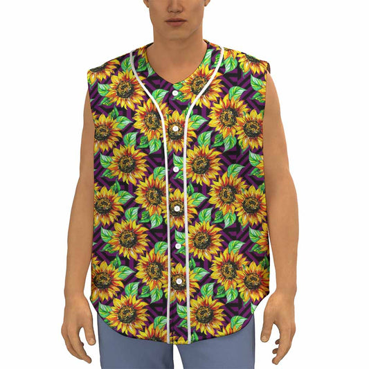 Purple Trippy Sunflower Pattern Print Sleeveless Baseball Jersey
