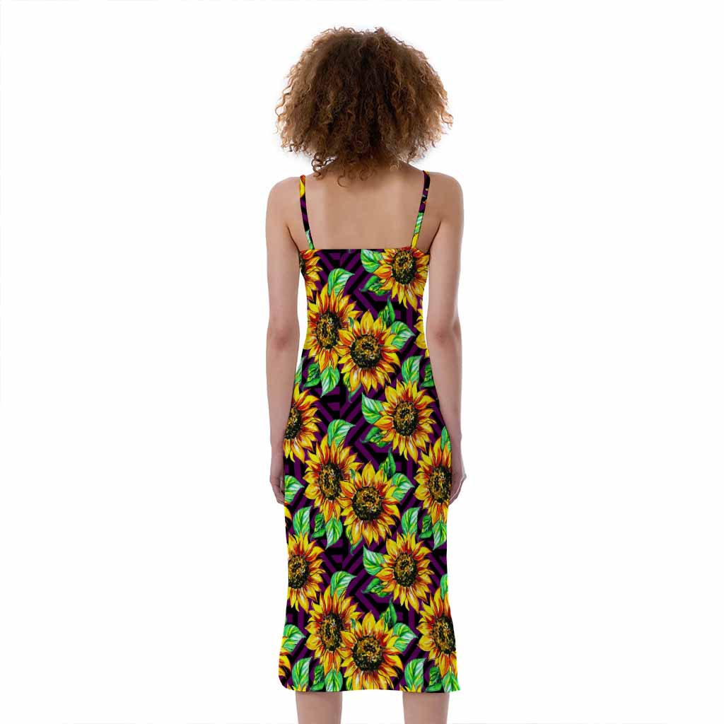 Purple Trippy Sunflower Pattern Print Slim Fit Midi Cami Dress