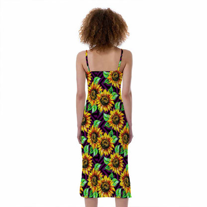 Purple Trippy Sunflower Pattern Print Slim Fit Midi Cami Dress