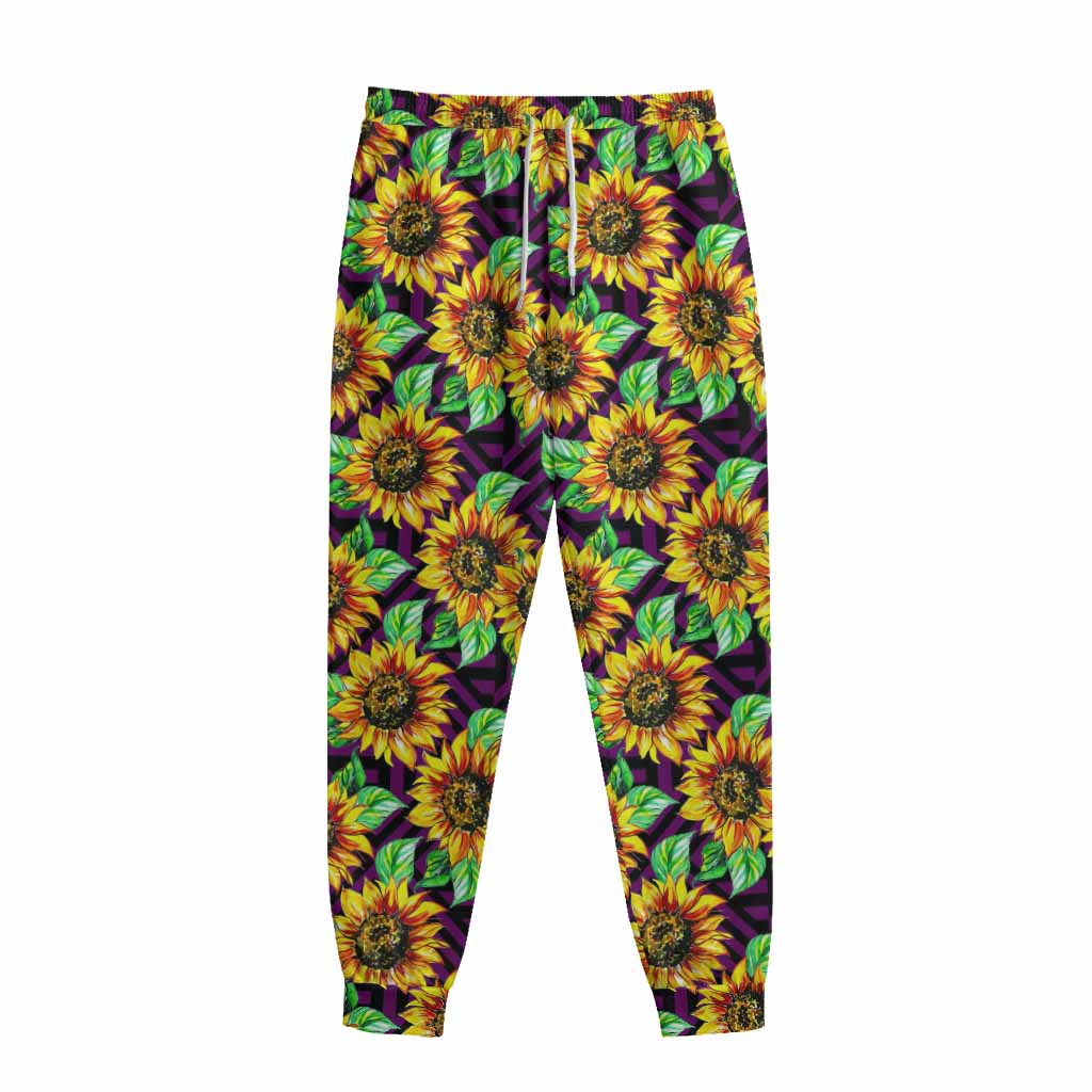 Purple Trippy Sunflower Pattern Print Sweatpants