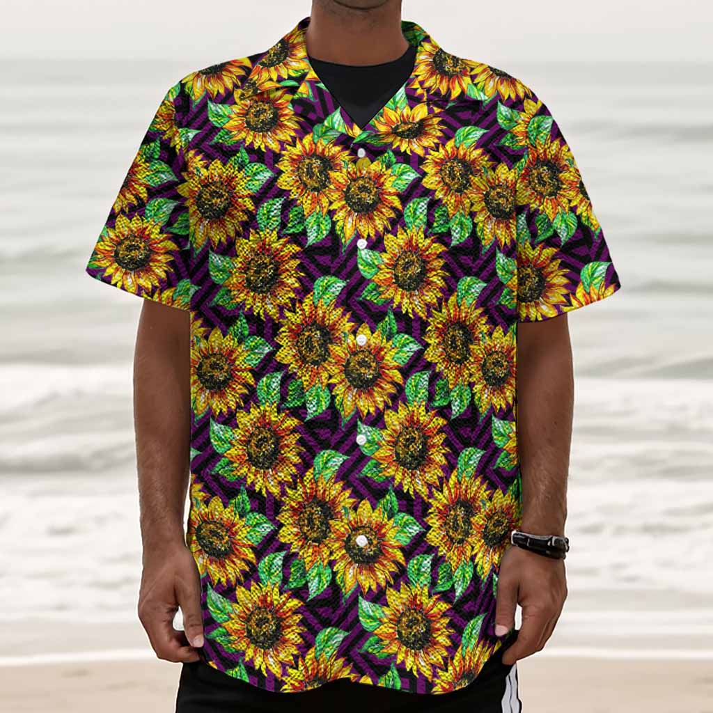 Purple Trippy Sunflower Pattern Print Textured Short Sleeve Shirt