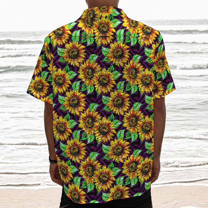 Purple Trippy Sunflower Pattern Print Textured Short Sleeve Shirt