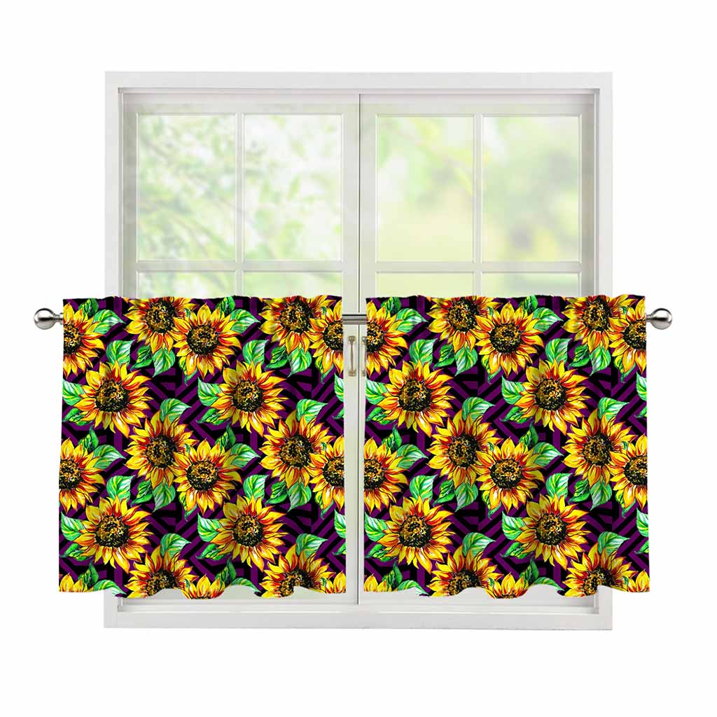 Purple Trippy Sunflower Pattern Print Tier Curtains