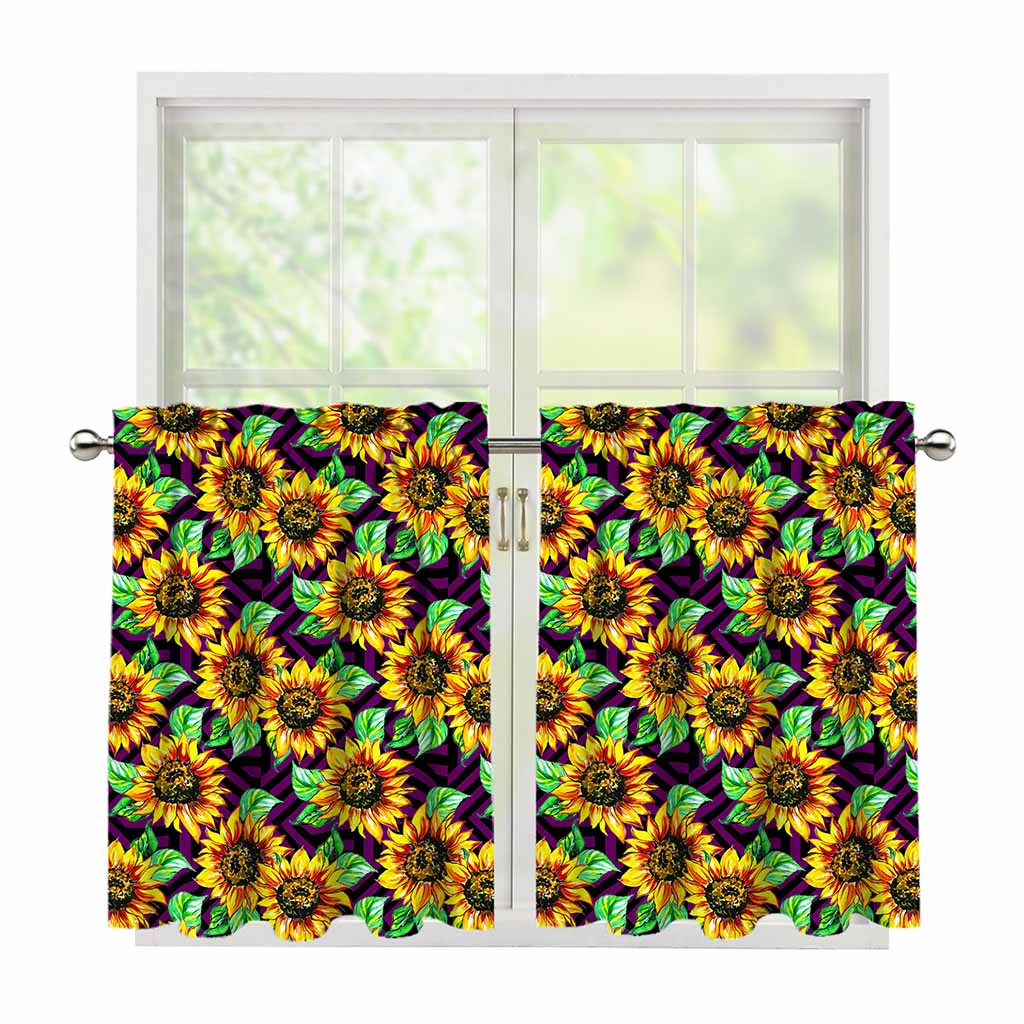 Purple Trippy Sunflower Pattern Print Tier Curtains