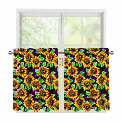 Purple Trippy Sunflower Pattern Print Tier Curtains