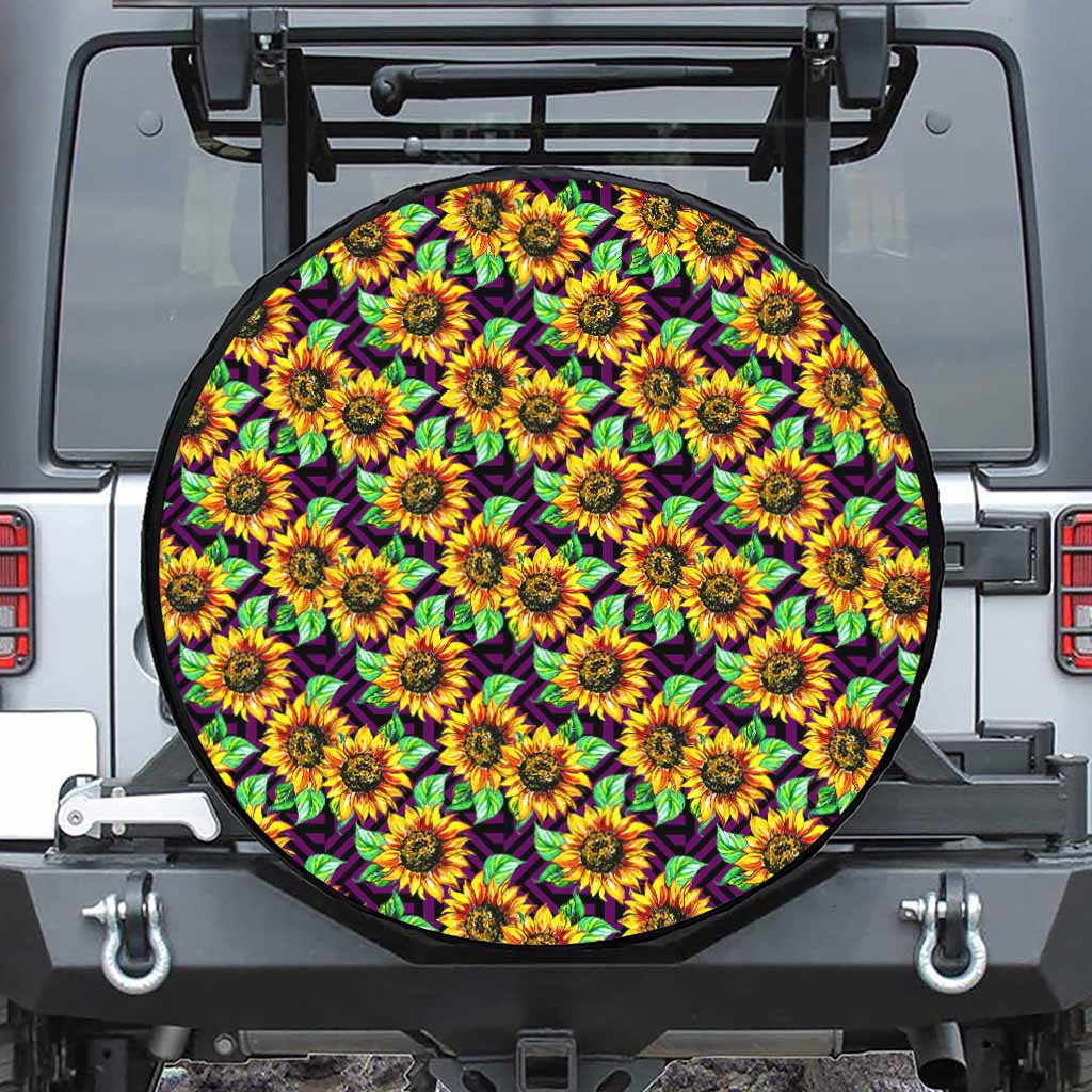 Purple Trippy Sunflower Pattern Print Tire Cover