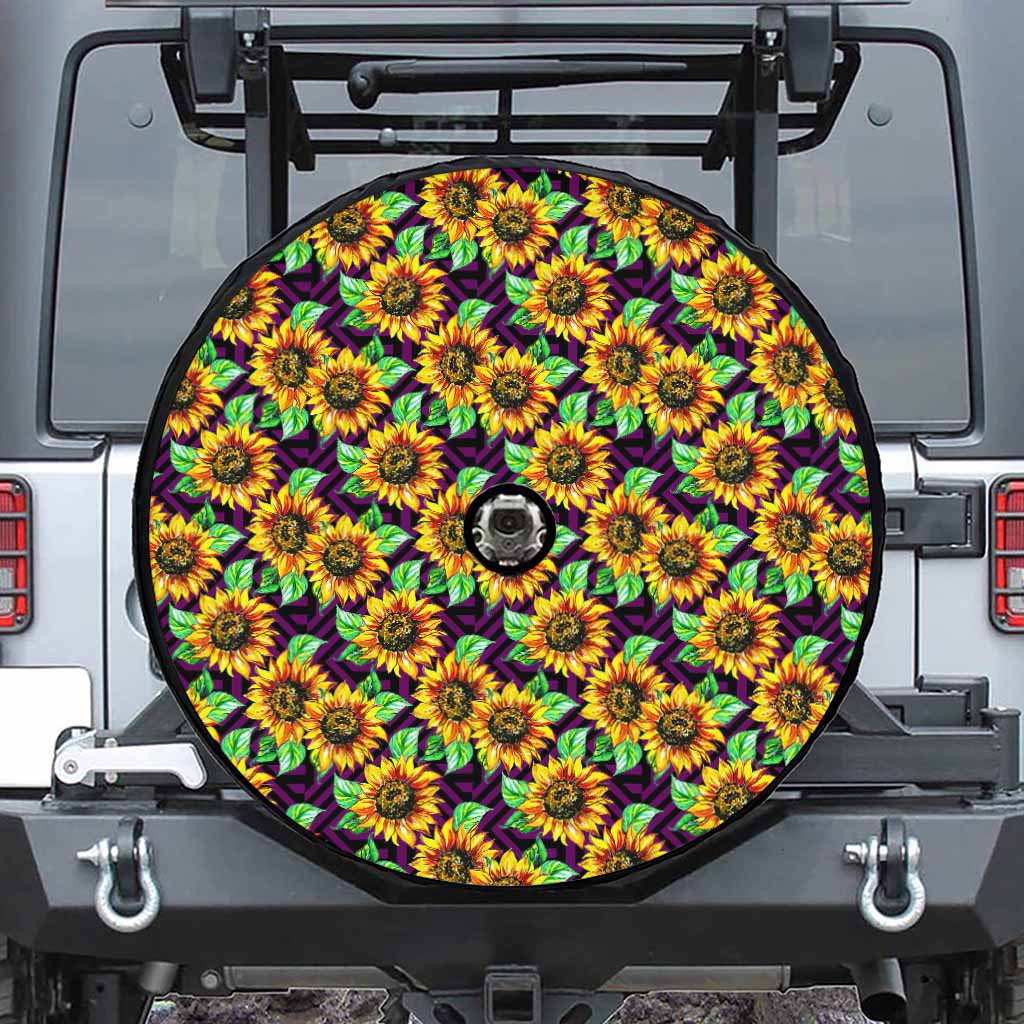 Purple Trippy Sunflower Pattern Print Tire Cover With Camera Hole