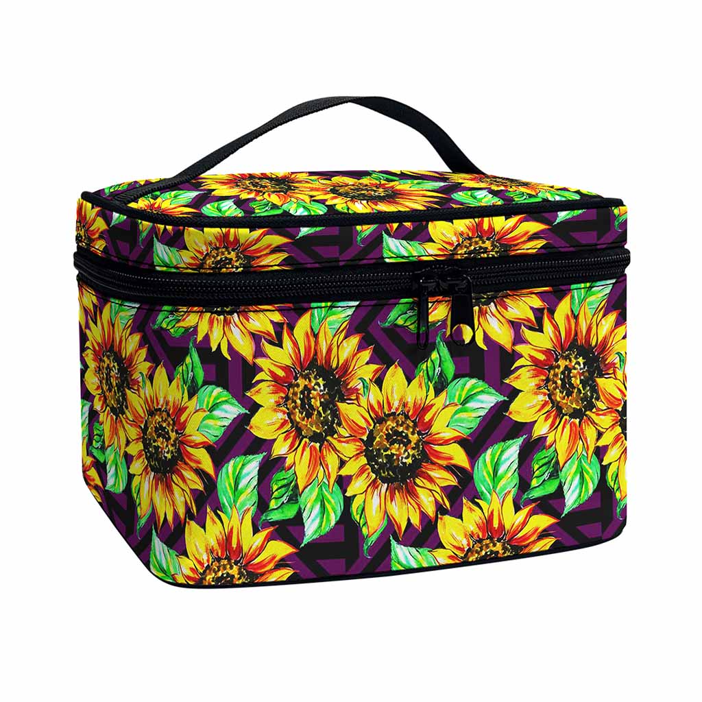 Purple Trippy Sunflower Pattern Print Travel Makeup Bag