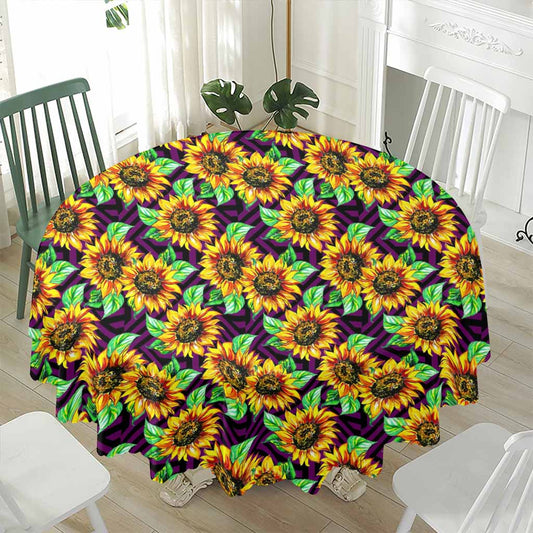 Purple Trippy Sunflower Pattern Print Waterproof Round Tablecloth