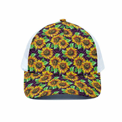 Purple Trippy Sunflower Pattern Print White Mesh Trucker Cap