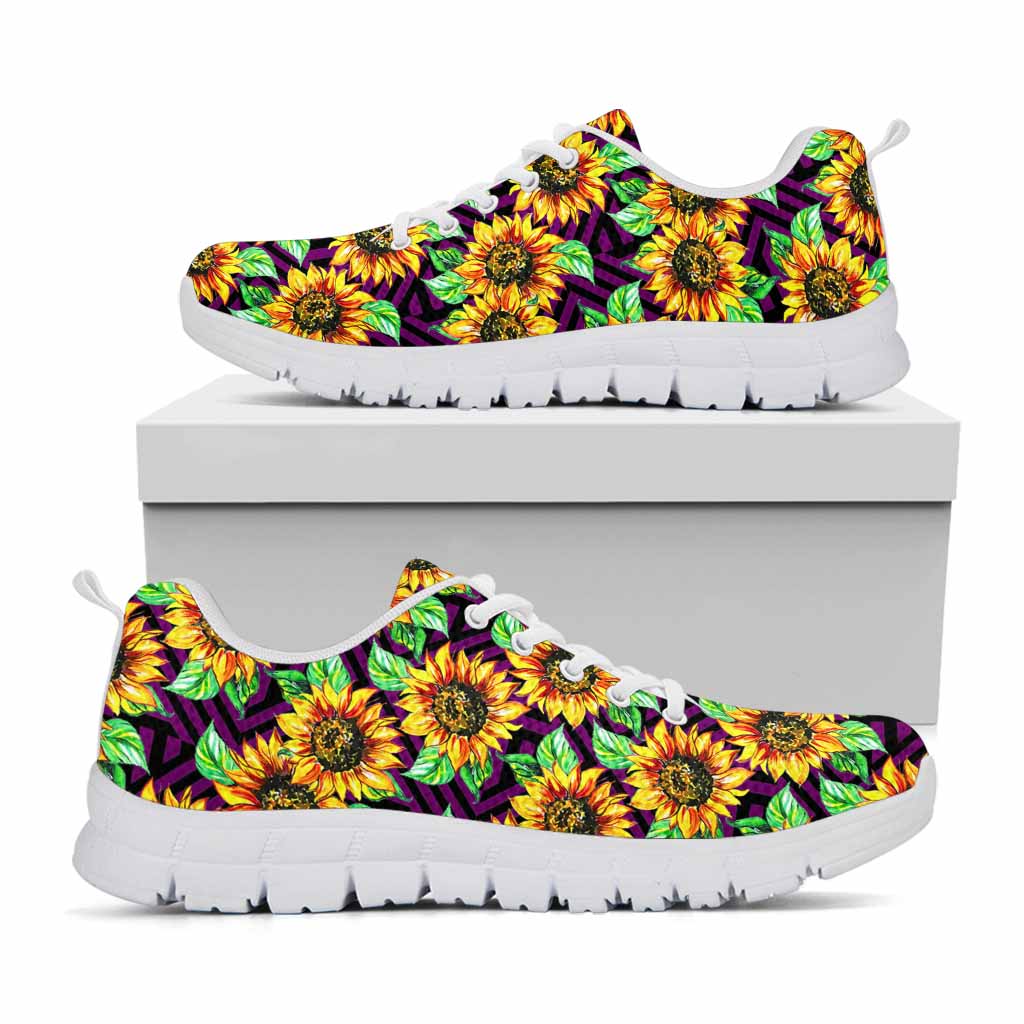 Purple Trippy Sunflower Pattern Print White Running Shoes