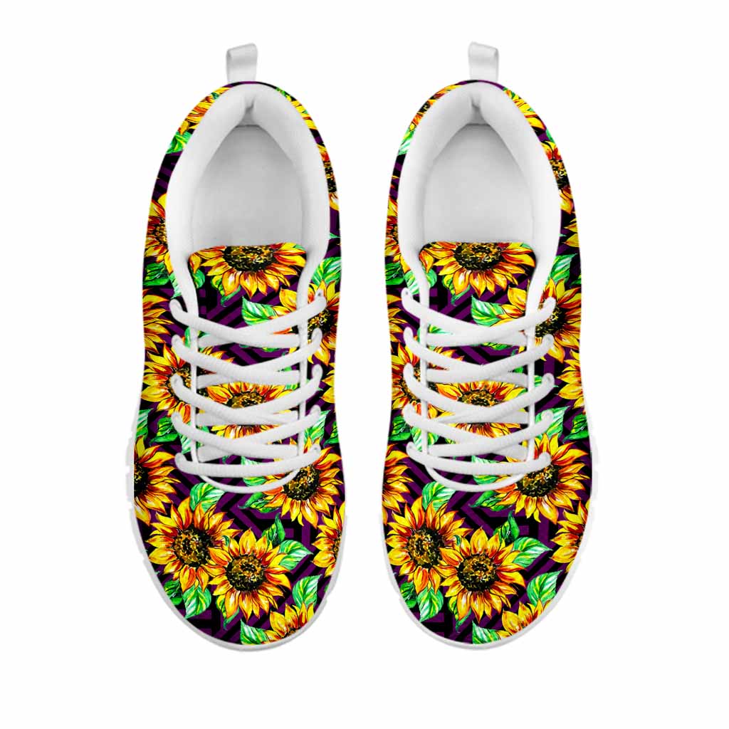 Purple Trippy Sunflower Pattern Print White Running Shoes