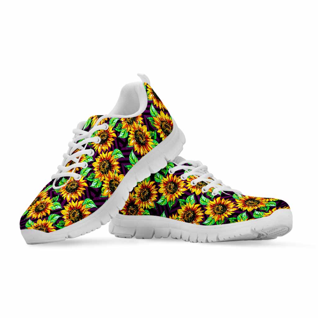 Purple Trippy Sunflower Pattern Print White Running Shoes