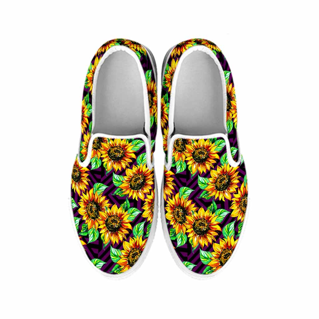 Purple Trippy Sunflower Pattern Print White Slip On Sneakers
