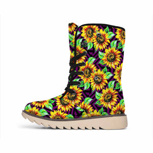 Purple Trippy Sunflower Pattern Print Winter Boots