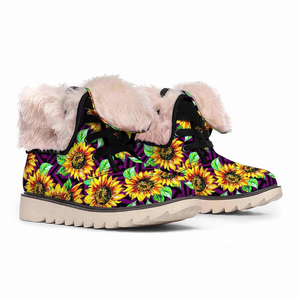 Purple Trippy Sunflower Pattern Print Winter Boots