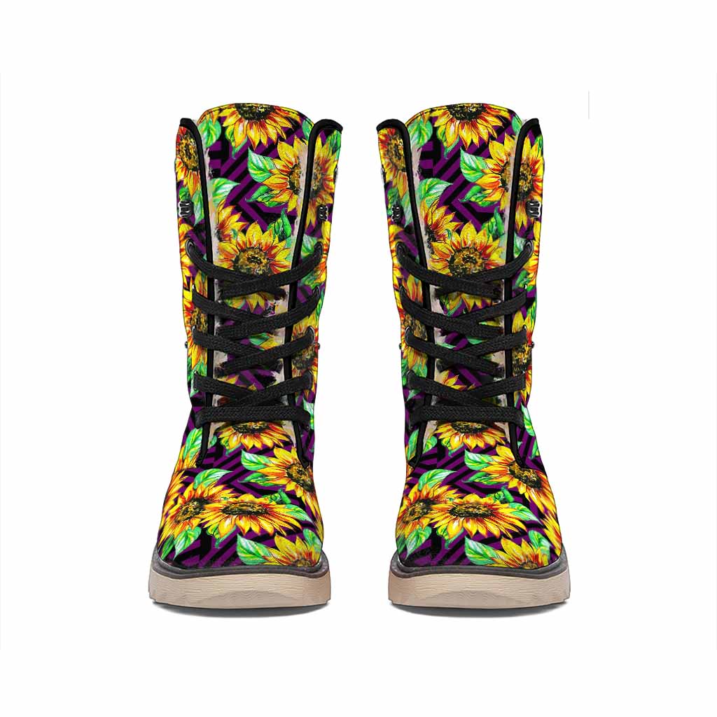 Purple Trippy Sunflower Pattern Print Winter Boots