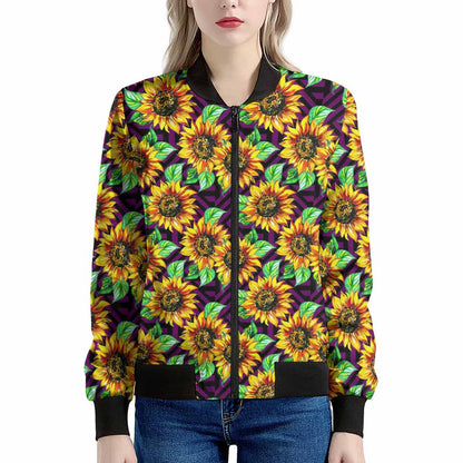 Purple Trippy Sunflower Pattern Print Women's Bomber Jacket