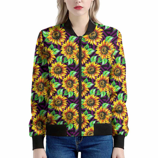 Purple Trippy Sunflower Pattern Print Women's Bomber Jacket