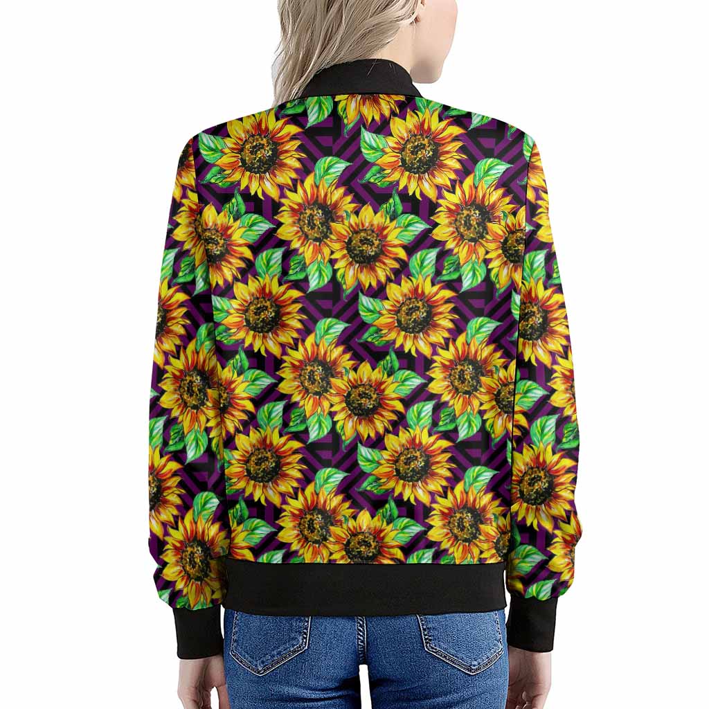 Purple Trippy Sunflower Pattern Print Women's Bomber Jacket