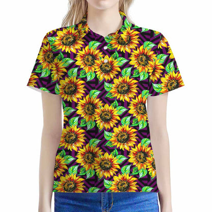Purple Trippy Sunflower Pattern Print Women's Polo Shirt