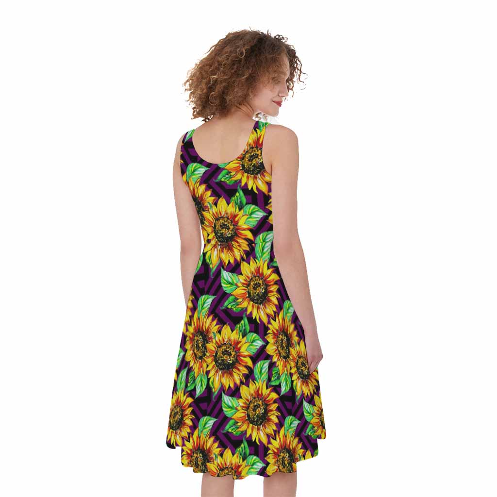 Purple Trippy Sunflower Pattern Print Women's Sleeveless Dress