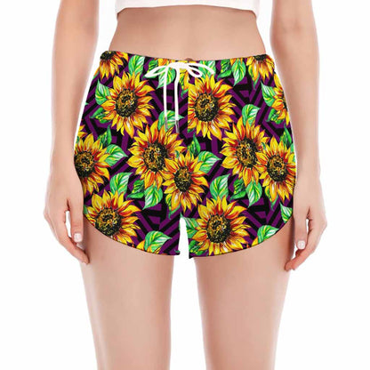 Purple Trippy Sunflower Pattern Print Women's Split Running Shorts