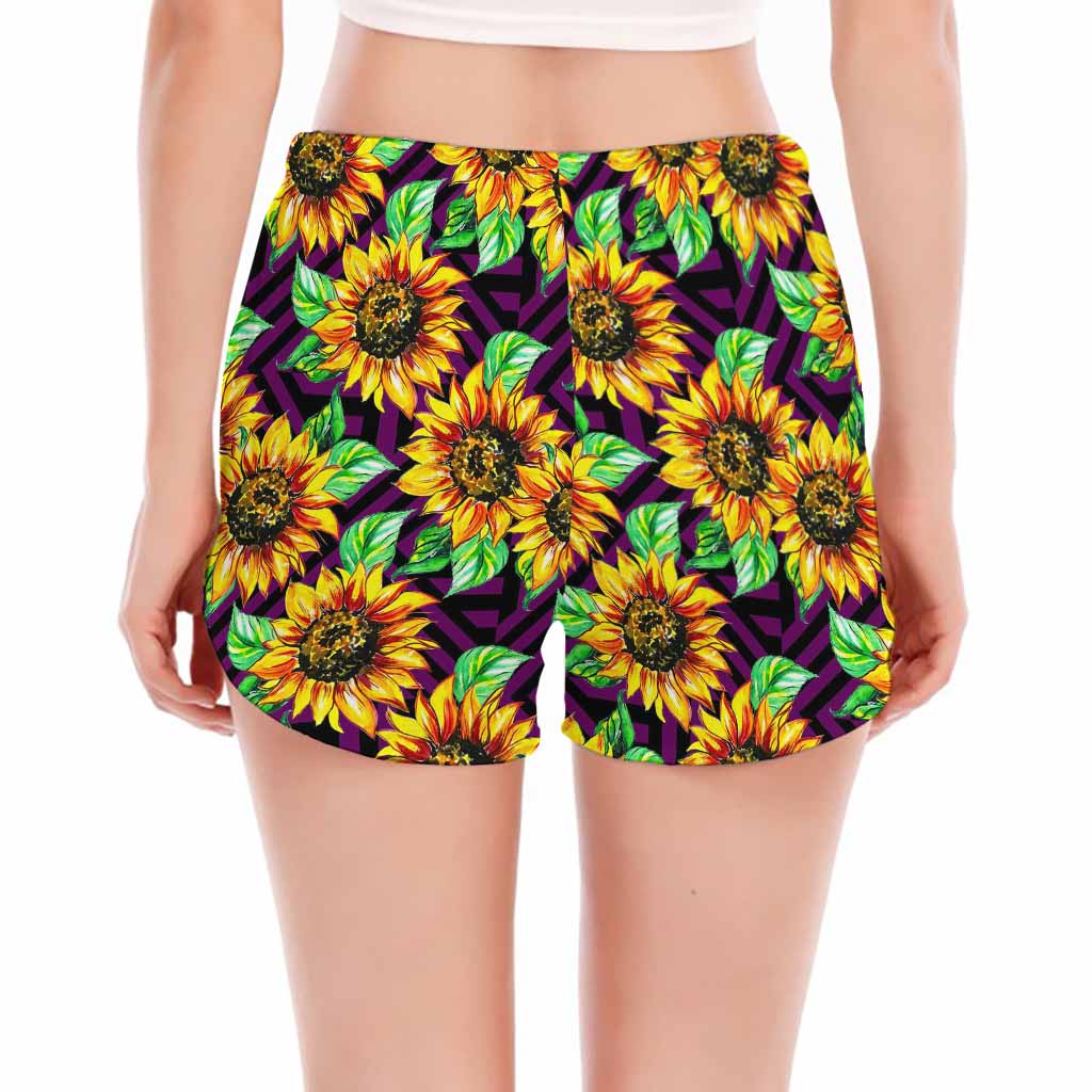 Purple Trippy Sunflower Pattern Print Women's Split Running Shorts