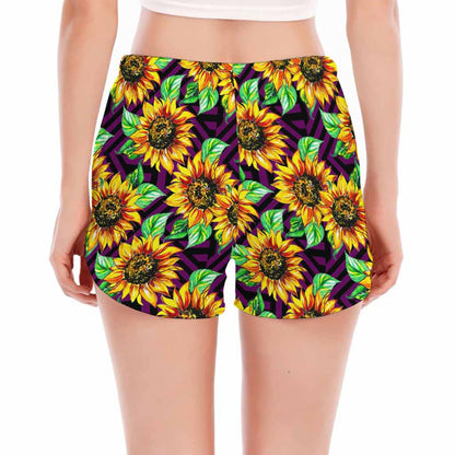 Purple Trippy Sunflower Pattern Print Women's Split Running Shorts