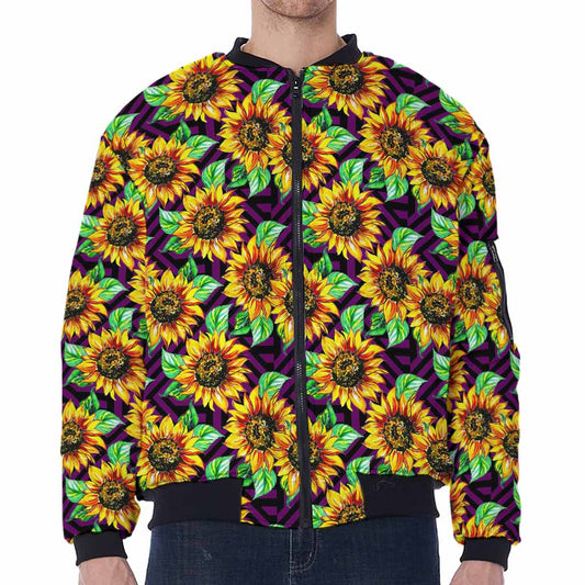 Purple Trippy Sunflower Pattern Print Zip Sleeve Bomber Jacket