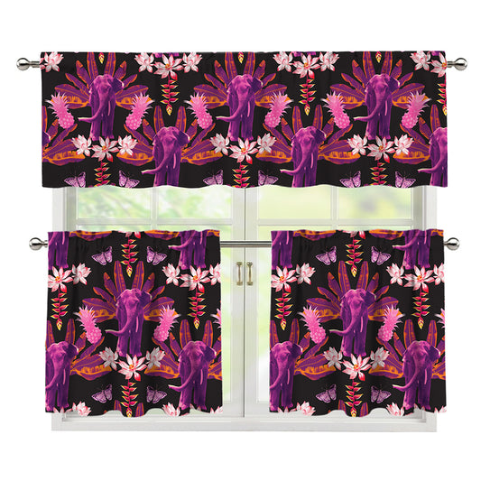 Purple Tropical Elephant Pattern Print 3 Piece Kitchen Curtains
